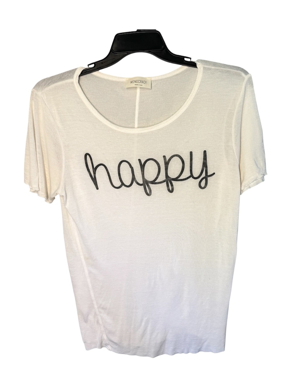 MONOCRACY Women’s White Lightweight ‘Happy’ T-Shirt Sz M- Raw Hem Tunic Length